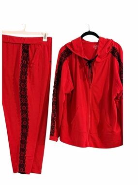 Soho Red Track Pants & Hoodie Jogger Set with Black Lace Trim Size XL